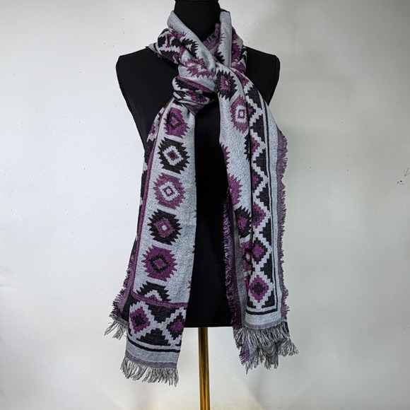 NWT Anna & Ava Gray Purple Fringe Scarf Southwest Aztec Bohemian Blanket Wrap - Picture 1 of 7